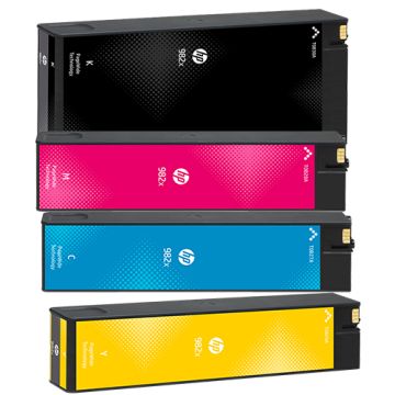 HP 982X High-Yield PageWide Original Ink Cartridge Full Set Multipack – Black, Cyan, Magenta, Yellow (T0B30A, T0B27A, T0B29A, T0B28A) – Compatible with HP PageWide Enterprise Color 556dn, 586f, 586z Printers