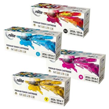 Enlite 203A / 201A / CRG-045 / CRG-054 Compatible LaserJet Toner Cartridge – Full Set Multipack (Black, Cyan, Magenta, Yellow) For HP Color LaserJet Pro M252, M254, MFP M277, M280, M281, M180, M181 series and Canon i-SENSYS / imageCLASS Printer Series