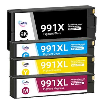 Enlite 991XL High Yield Compatible Pigment Ink Full Set (BK/C/M/Y) for HP PageWide 700 Series Printers (750dw, 755dn, 772dn, 774dn, 777z, 779dn) Printers